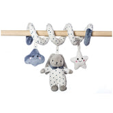 Plush spiral rattle with a gray bunny, blue cloud, and white star hanging from a wooden rod, in soft colors and textures.